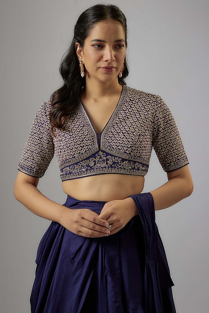 Purple Silk Zardosi Embroidered Pre-Draped Bridal Saree Set by Jayanti Reddy at Pernia's Pop Up Shop