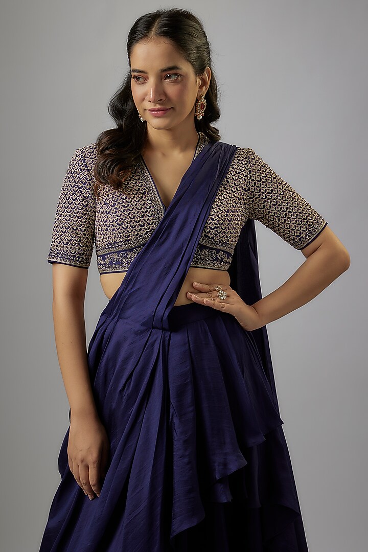 Purple Silk Zardosi Embroidered Pre-Draped Bridal Saree Set by Jayanti Reddy at Pernia's Pop Up Shop