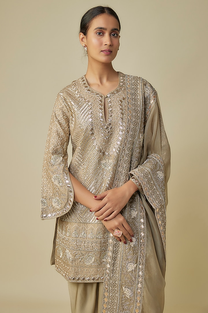 Beige Silk Zardosi Embroidered Kurta Set by Jayanti Reddy at Pernia's Pop Up Shop
