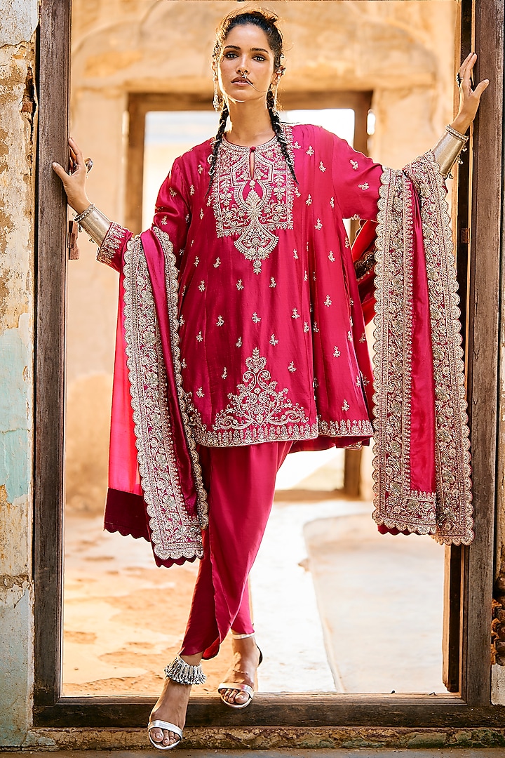 Rani Pink Silk Zardosi Embroidered Tunic Set by Jayanti Reddy at Pernia's Pop Up Shop