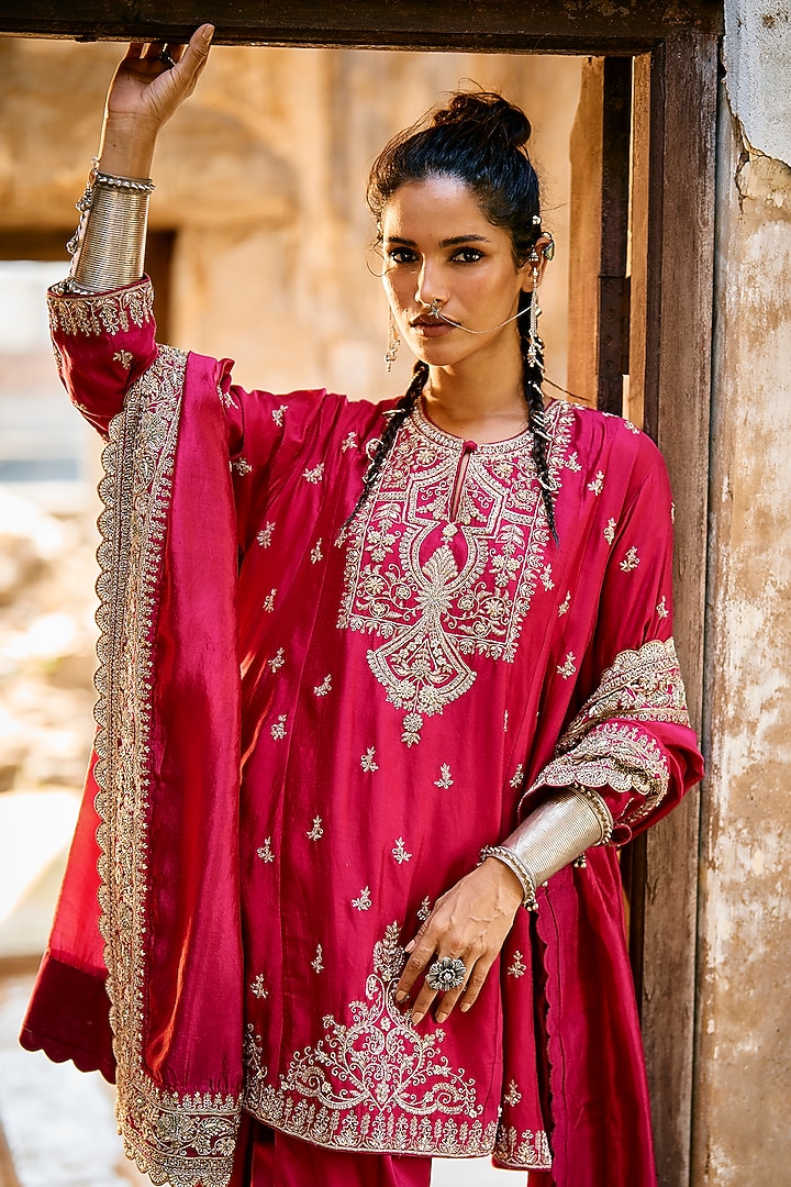 Rani Pink Silk Zardosi Embroidered Tunic Set by Jayanti Reddy at Pernia's Pop Up Shop