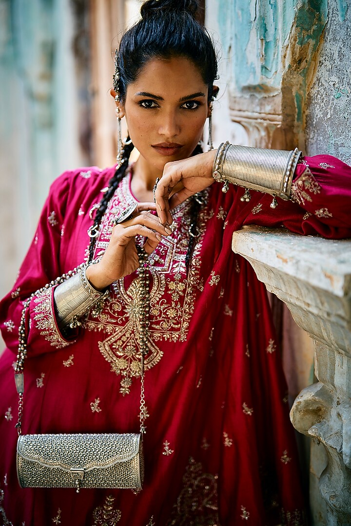 Rani Pink Silk Zardosi Embroidered Tunic Set by Jayanti Reddy at Pernia's Pop Up Shop