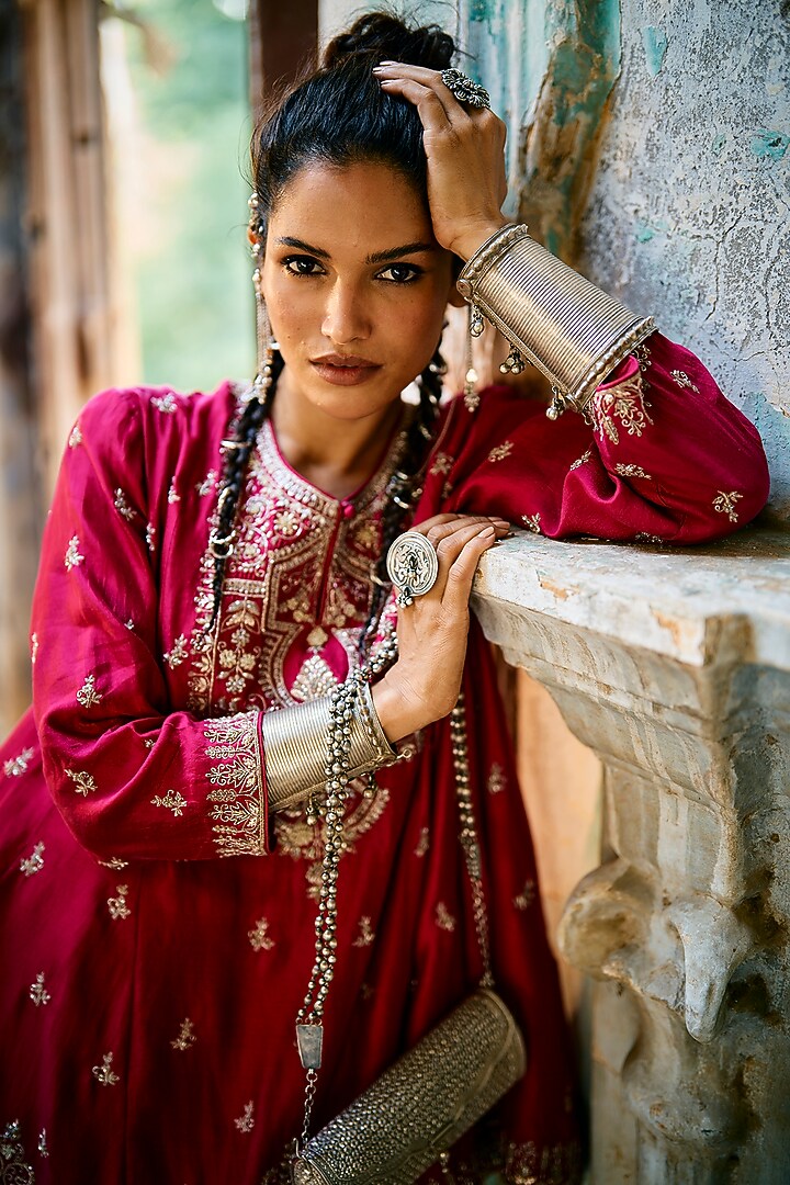 Rani Pink Silk Zardosi Embroidered Tunic Set by Jayanti Reddy at Pernia's Pop Up Shop