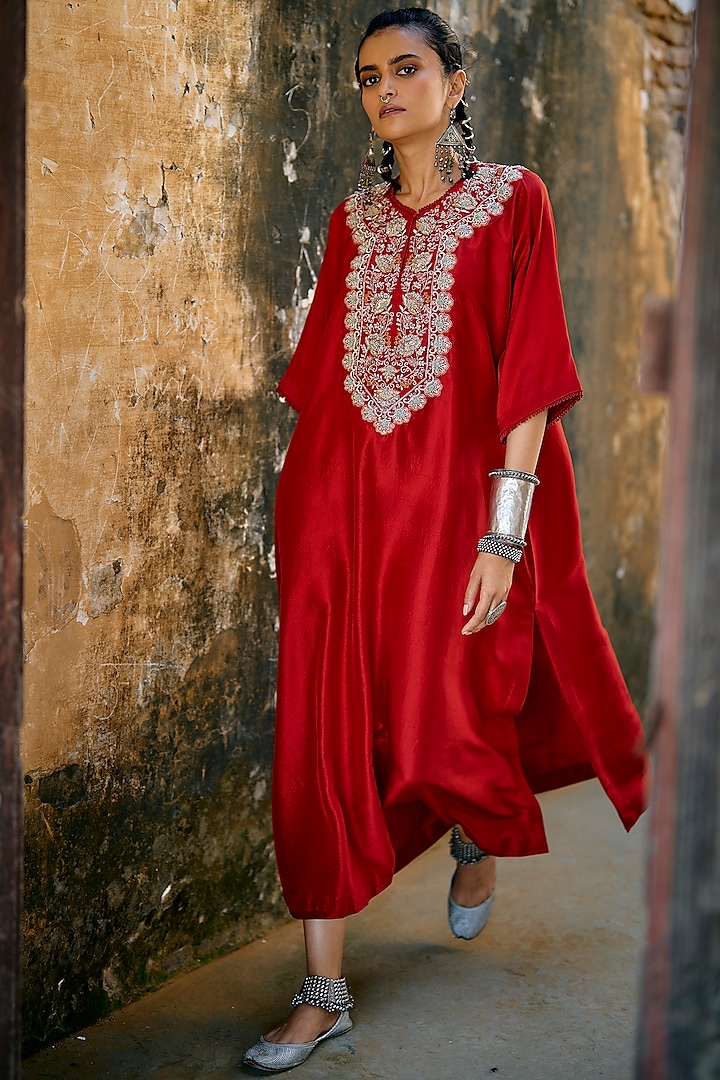 Red Silk Zardosi Embroidered Kaftan by Jayanti Reddy at Pernia's Pop Up Shop