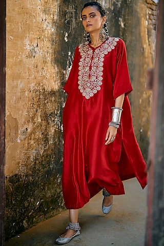 Red Silk Zardosi Embroidered Kaftan by Jayanti Reddy