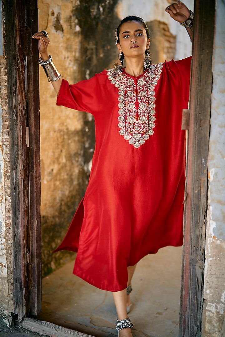 Red Silk Zardosi Embroidered Kaftan by Jayanti Reddy at Pernia's Pop Up Shop