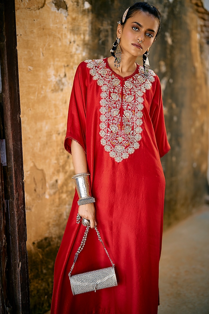 Red Silk Zardosi Embroidered Kaftan by Jayanti Reddy at Pernia's Pop Up Shop