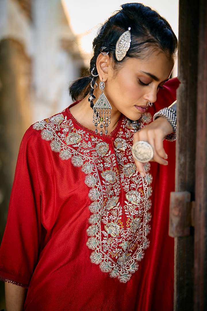 Red Silk Zardosi Embroidered Kaftan by Jayanti Reddy at Pernia's Pop Up Shop