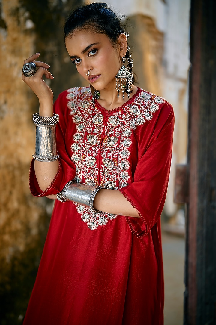 Red Silk Zardosi Embroidered Kaftan by Jayanti Reddy at Pernia's Pop Up Shop