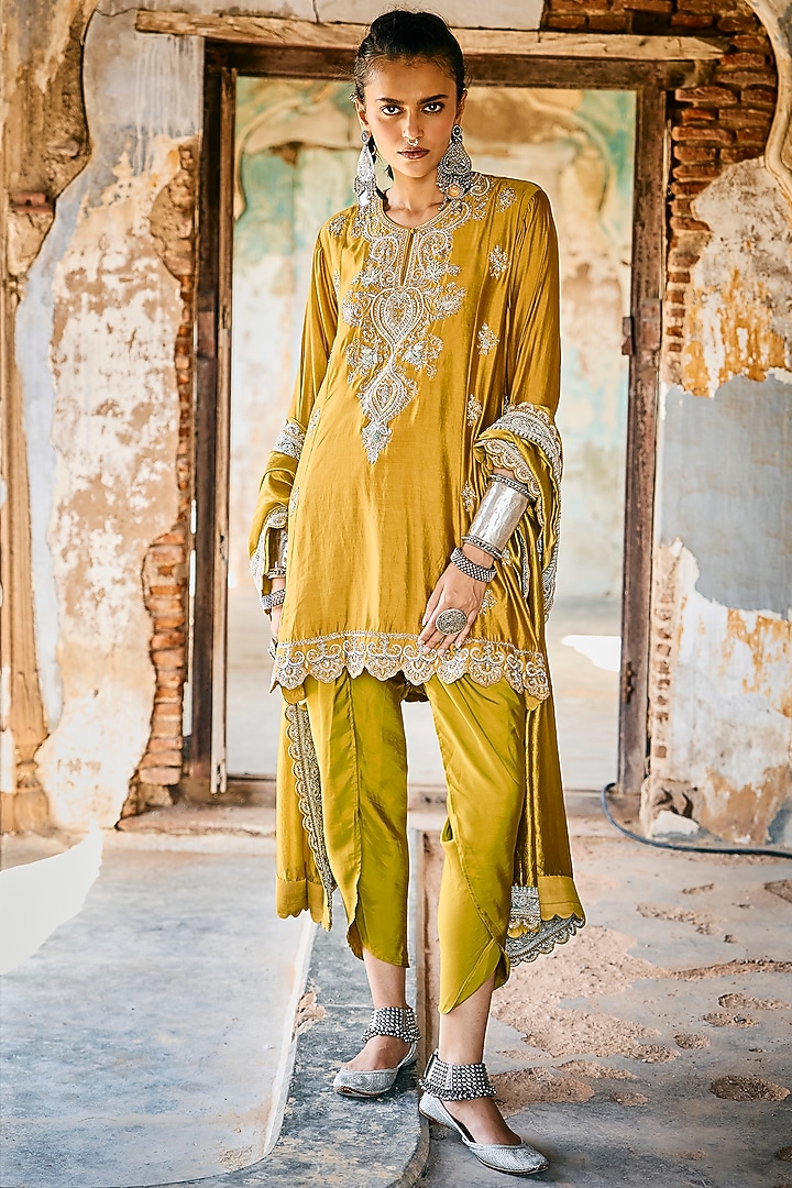 Mustard Silk Zardosi Embroidered Tunic Set by Jayanti Reddy at Pernia's Pop Up Shop