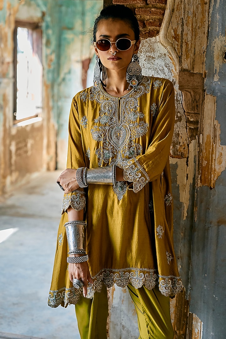 Mustard Silk Zardosi Embroidered Tunic Set by Jayanti Reddy at Pernia's Pop Up Shop