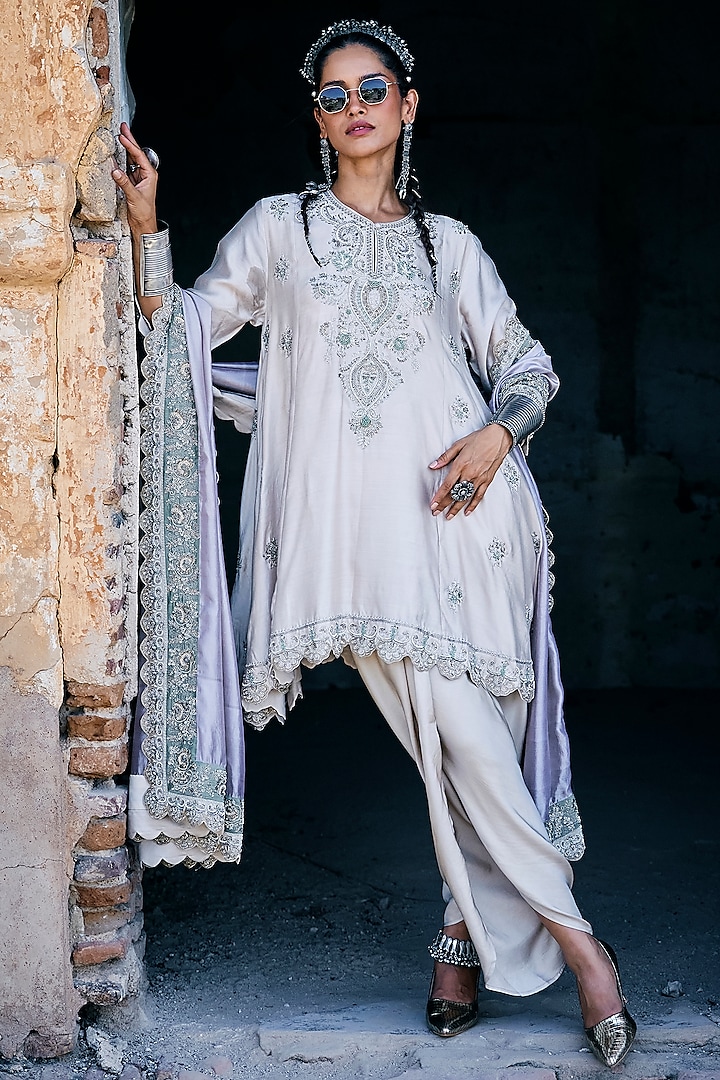 Beige Silk Zardosi Embroidered Tunic Set by Jayanti Reddy at Pernia's Pop Up Shop