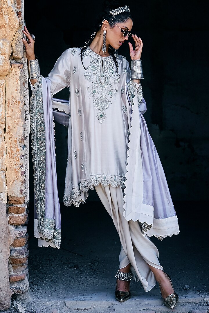 Beige Silk Zardosi Embroidered Tunic Set by Jayanti Reddy at Pernia's Pop Up Shop