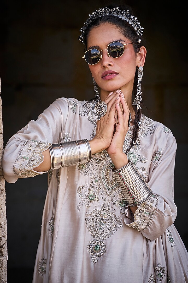 Beige Silk Zardosi Embroidered Tunic Set by Jayanti Reddy at Pernia's Pop Up Shop
