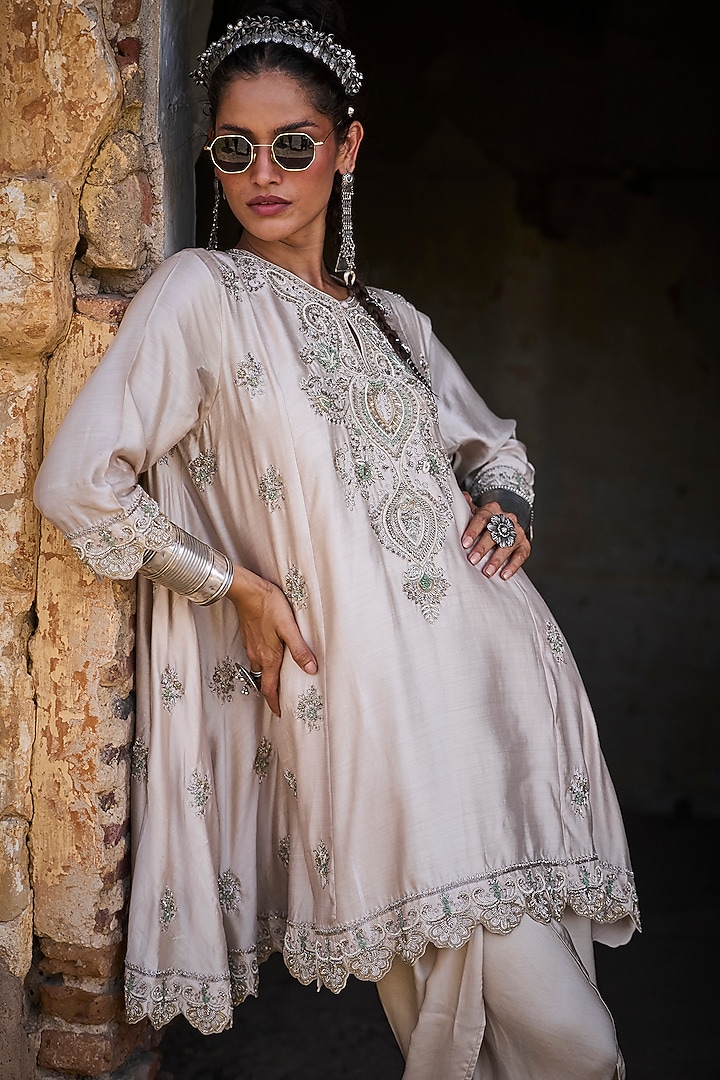 Beige Silk Zardosi Embroidered Tunic Set by Jayanti Reddy at Pernia's Pop Up Shop