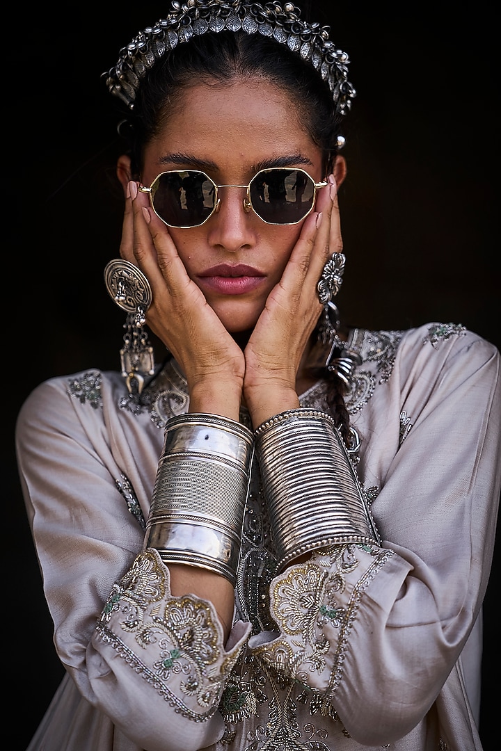 Beige Silk Zardosi Embroidered Tunic Set by Jayanti Reddy at Pernia's Pop Up Shop