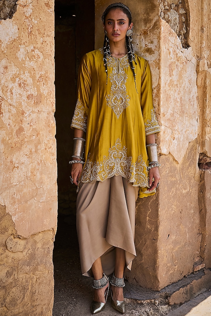 Mustard Silk Zardosi Embroidered Tunic Set by Jayanti Reddy at Pernia's Pop Up Shop