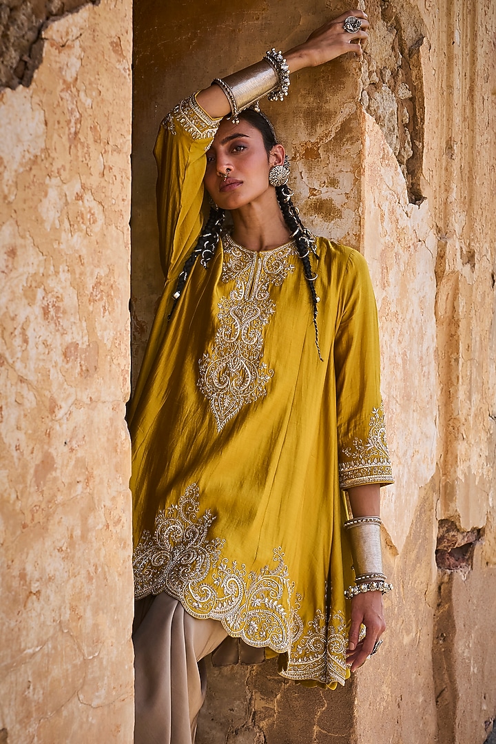 Mustard Silk Zardosi Embroidered Tunic Set by Jayanti Reddy at Pernia's Pop Up Shop
