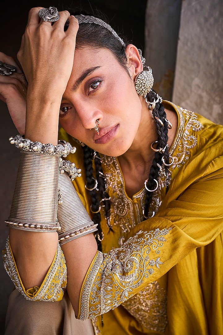 Mustard Silk Zardosi Embroidered Tunic Set by Jayanti Reddy at Pernia's Pop Up Shop