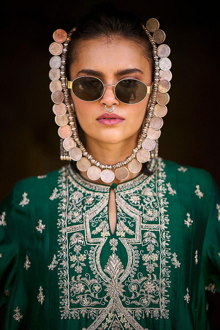 Emerald Green Silk Zardosi Embroidered Tunic Set by Jayanti Reddy at Pernia's Pop Up Shop
