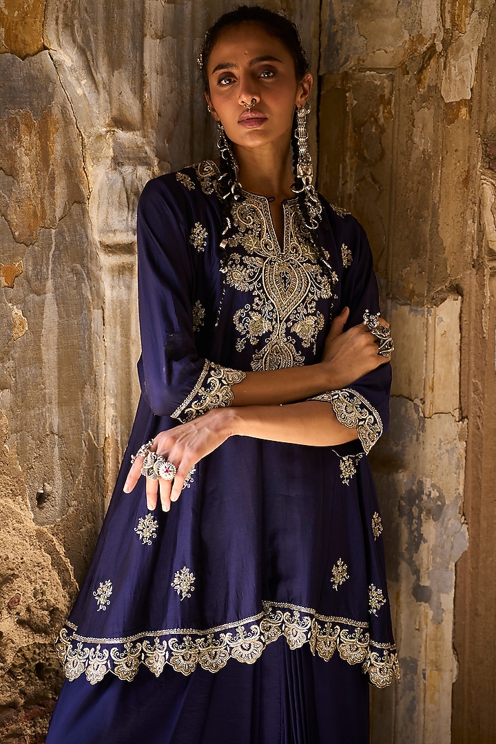 Purple Silk Zardosi Embroidered Tunic Set by Jayanti Reddy at Pernia's Pop Up Shop