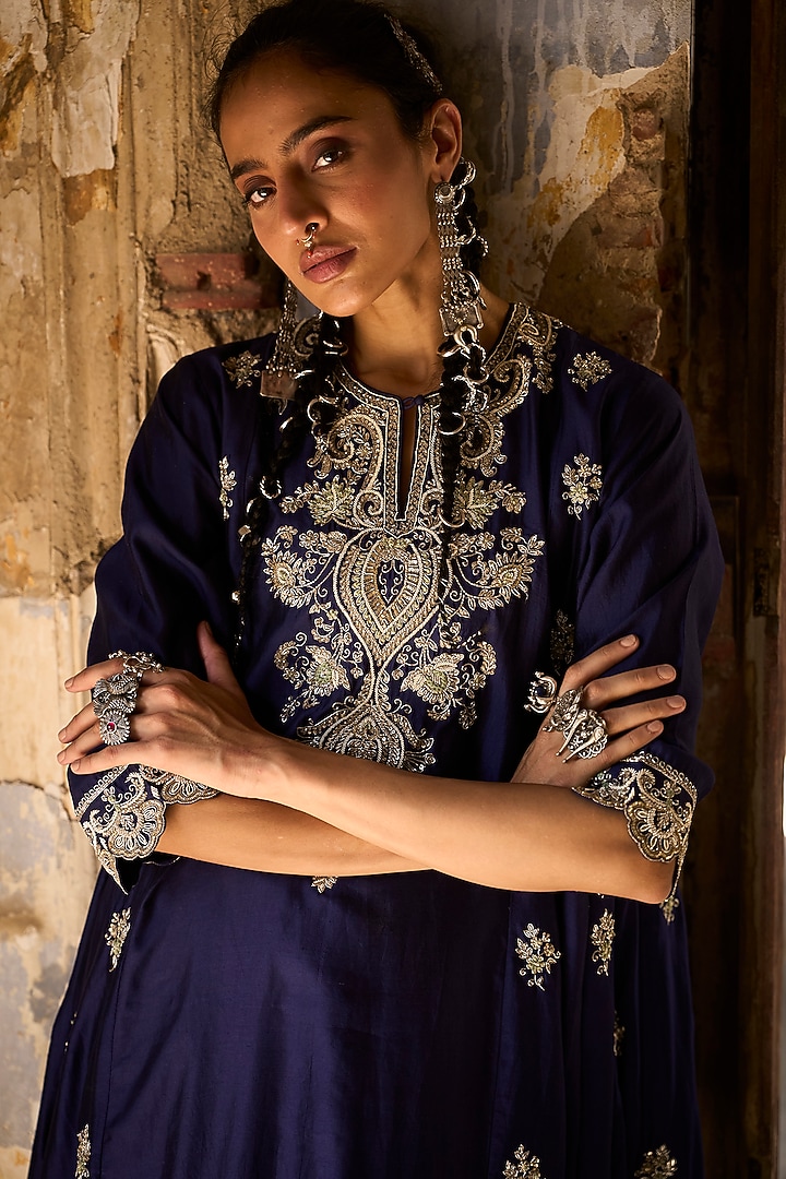 Purple Silk Zardosi Embroidered Tunic Set by Jayanti Reddy at Pernia's Pop Up Shop