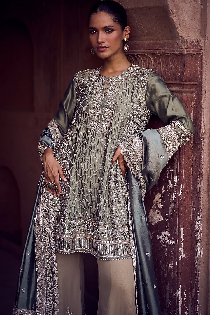 Mint Green Silk Zardosi Embroidered Tunic Set by Jayanti Reddy at Pernia's Pop Up Shop