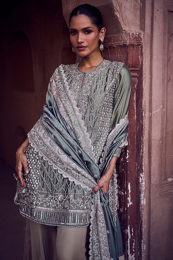 Mint Green Silk Zardosi Embroidered Tunic Set by Jayanti Reddy at Pernia's Pop Up Shop