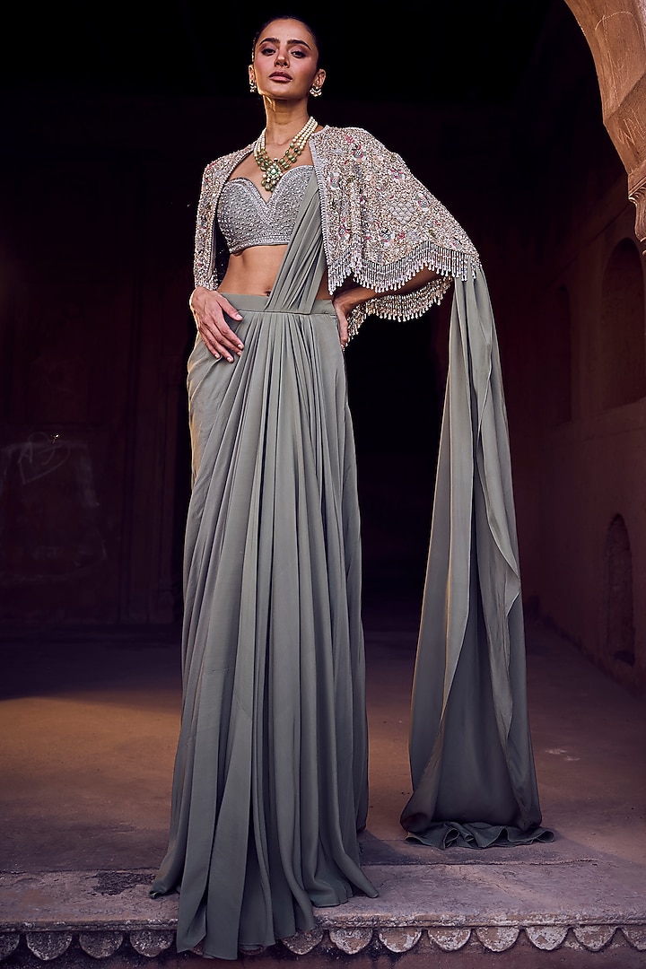 Mint Green Crepe Zardosi Embroidered Pre-Draped Jacket Bridal Saree Set by Jayanti Reddy at Pernia's Pop Up Shop