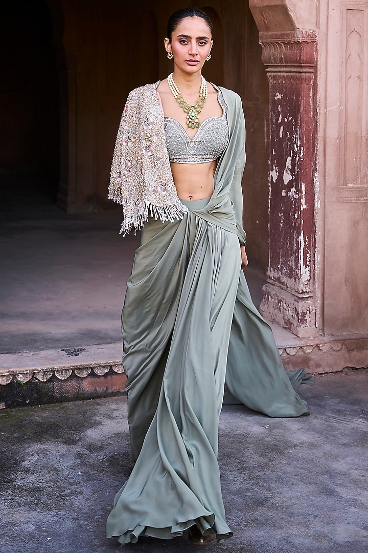 Mint Green Crepe Zardosi Embroidered Pre-Draped Jacket Bridal Saree Set by Jayanti Reddy at Pernia's Pop Up Shop