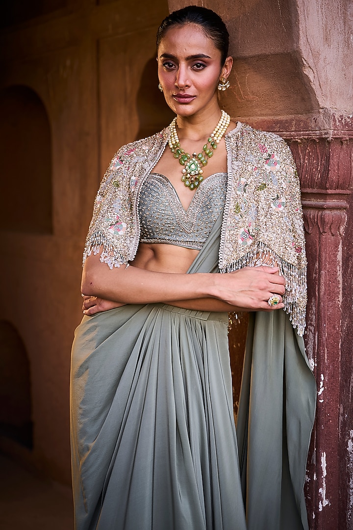 Mint Green Crepe Zardosi Embroidered Pre-Draped Jacket Bridal Saree Set by Jayanti Reddy at Pernia's Pop Up Shop