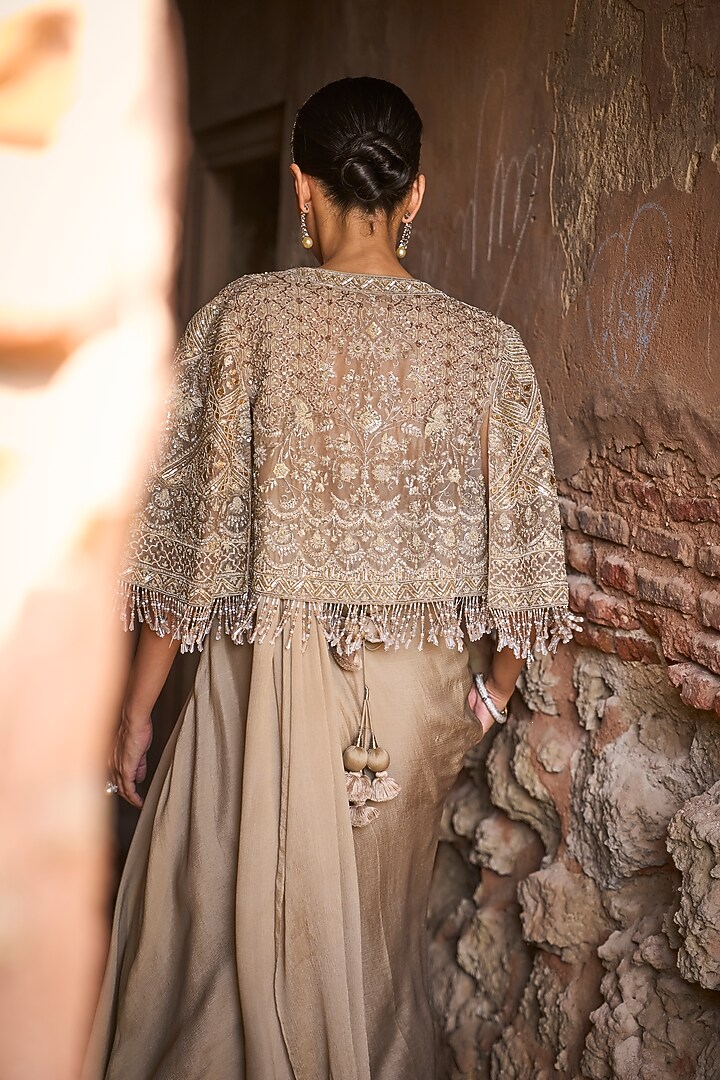 Golden Beige Crepe Zardosi Embroidered Pre-Draped Jacket Reception Saree Set by Jayanti Reddy at Pernia's Pop Up Shop