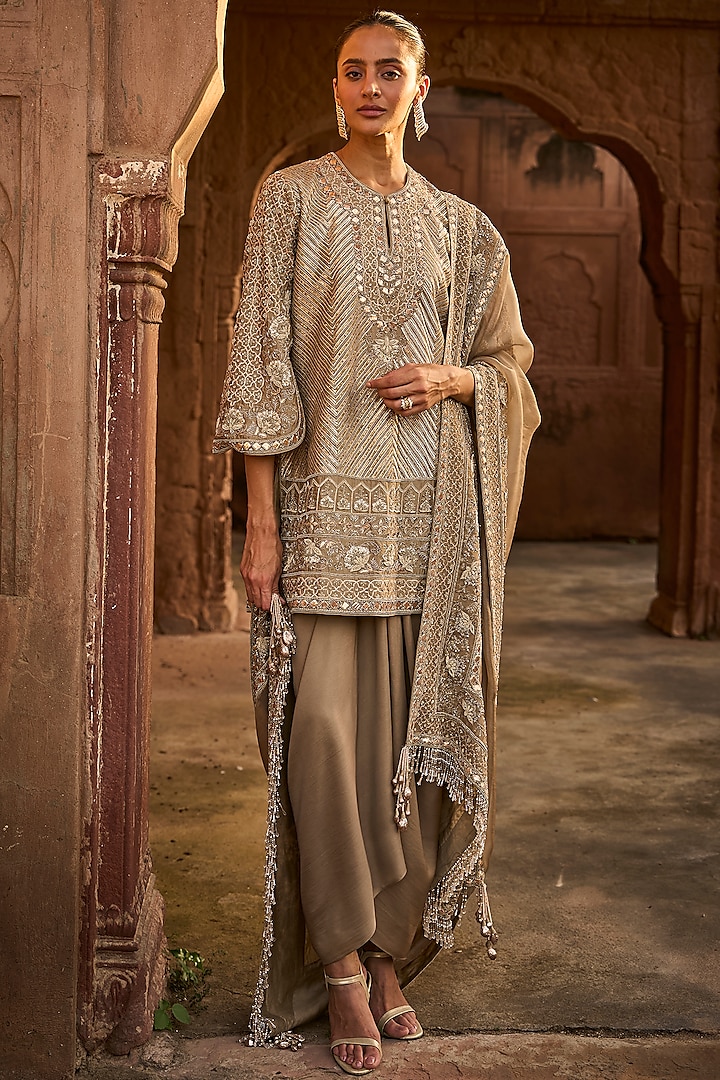 Golden Beige Silk Zardosi Embroidered Tunic Set by Jayanti Reddy at Pernia's Pop Up Shop