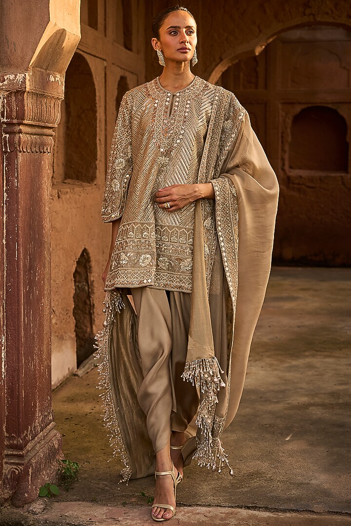 Golden Beige Silk Zardosi Embroidered Tunic Set by Jayanti Reddy at Pernia's Pop Up Shop
