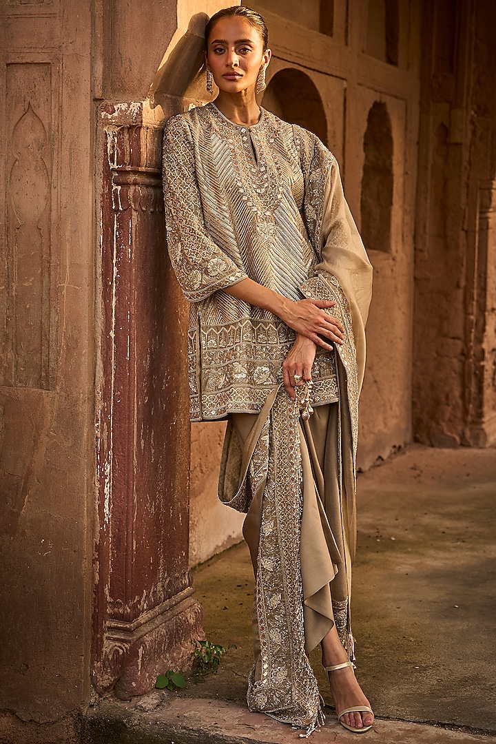 Golden Beige Silk Zardosi Embroidered Tunic Set by Jayanti Reddy at Pernia's Pop Up Shop