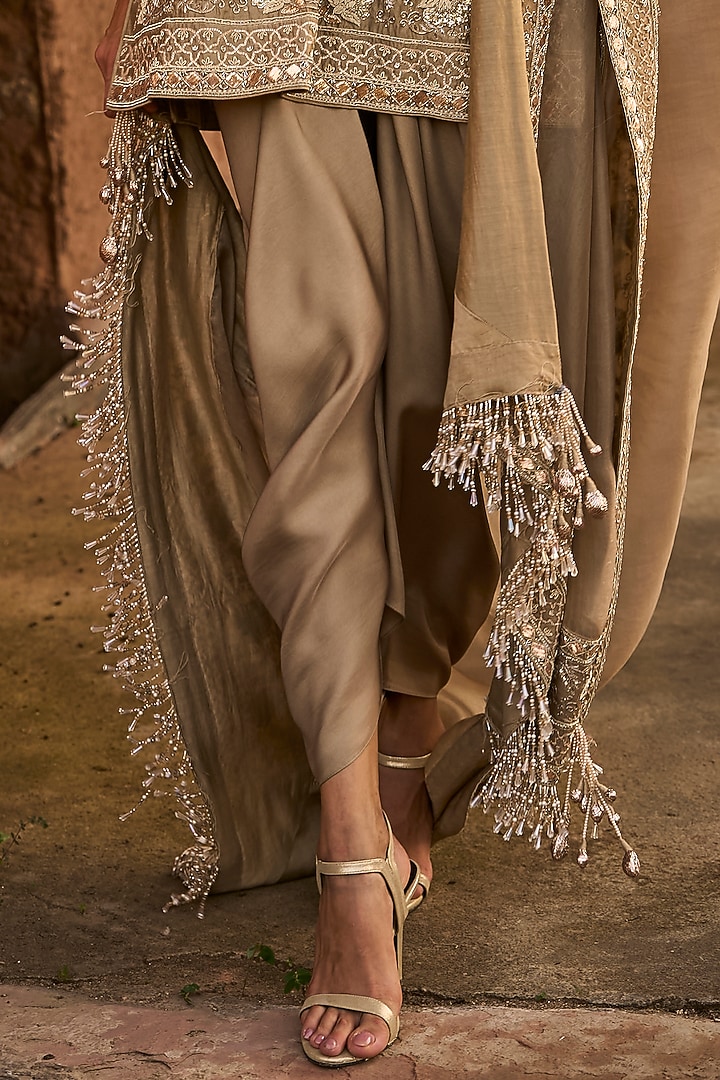 Golden Beige Silk Zardosi Embroidered Tunic Set by Jayanti Reddy at Pernia's Pop Up Shop