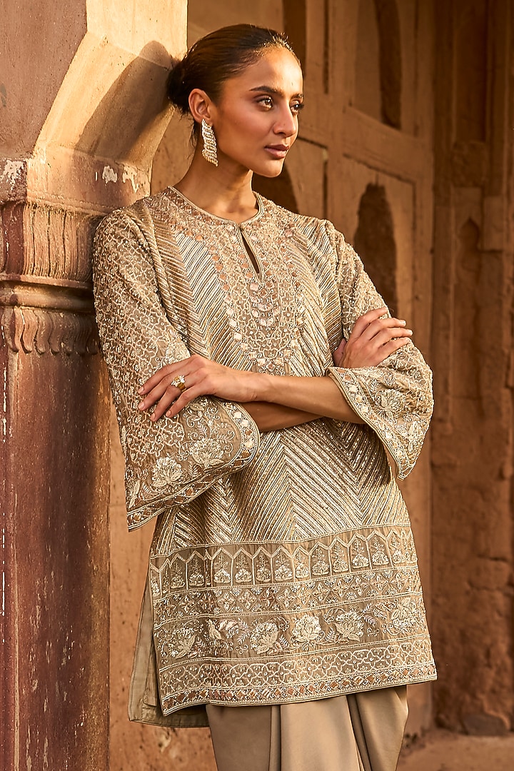 Golden Beige Silk Zardosi Embroidered Tunic Set by Jayanti Reddy at Pernia's Pop Up Shop