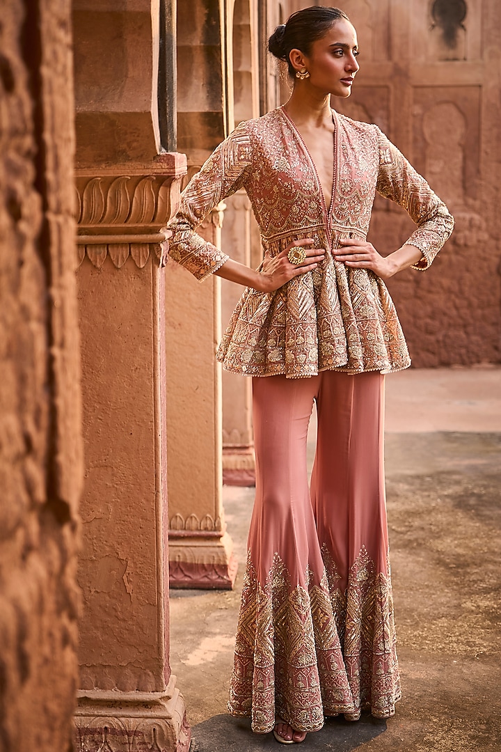 Peach Organza & Georgette Zardosi Embroidered Bridal Sharara Set by Jayanti Reddy at Pernia's Pop Up Shop