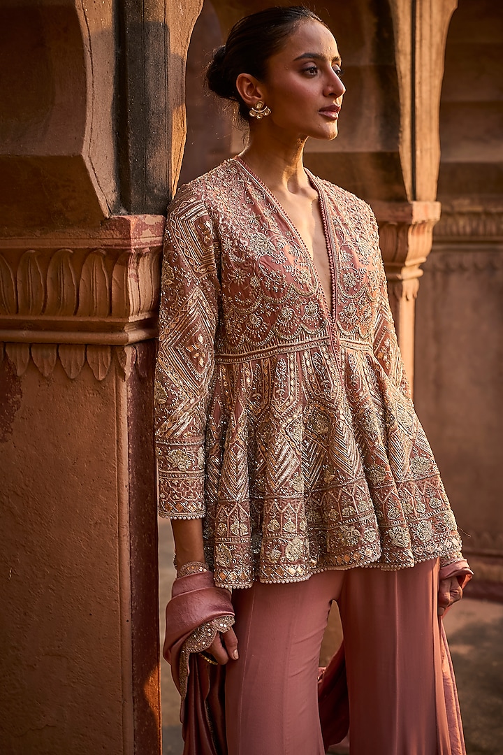 Peach Organza & Georgette Zardosi Embroidered Bridal Sharara Set by Jayanti Reddy at Pernia's Pop Up Shop