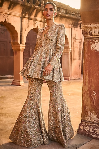 Golden Beige Georgette Zardosi Embroidered Sharara Set by Jayanti Reddy