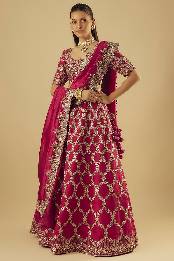 Pink Raw Silk Zardosi Embroidered Bridal Lehenga Set by Jayanti Reddy at Pernia's Pop Up Shop