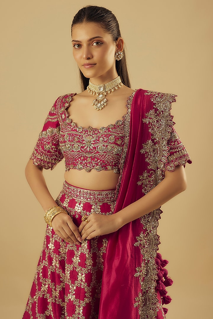 Pink Raw Silk Zardosi Embroidered Bridal Lehenga Set by Jayanti Reddy at Pernia's Pop Up Shop