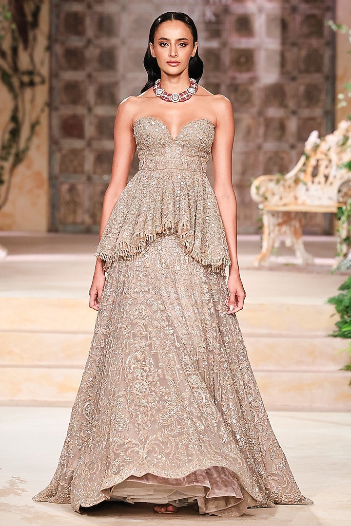 Beige Net Dori Embroidered Corset Bridal Lehenga Set by Jayanti Reddy at Pernia's Pop Up Shop