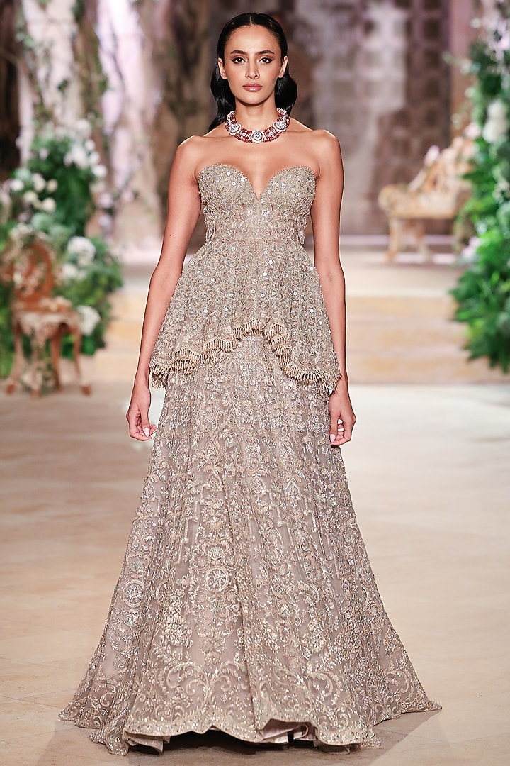 Beige Net Dori Embroidered Corset Bridal Lehenga Set by Jayanti Reddy at Pernia's Pop Up Shop