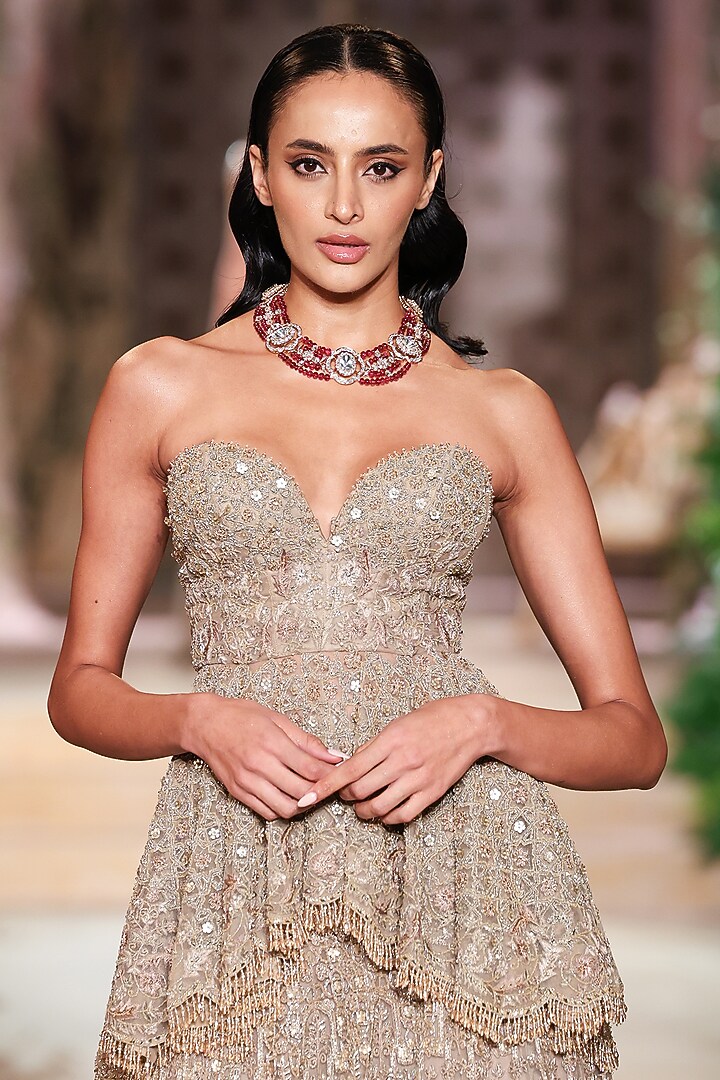 Beige Net Dori Embroidered Corset Bridal Lehenga Set by Jayanti Reddy at Pernia's Pop Up Shop