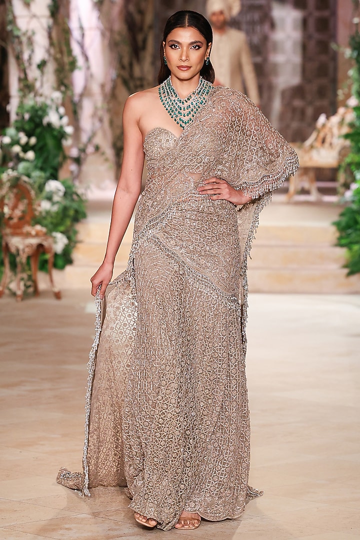 Beige Net Dori Embroidered Bridal Saree Set by Jayanti Reddy at Pernia's Pop Up Shop