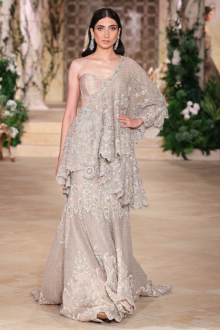 Beige Net Zardosi Hand Embroidered Jacket Bridal Lehenga Set by Jayanti Reddy at Pernia's Pop Up Shop