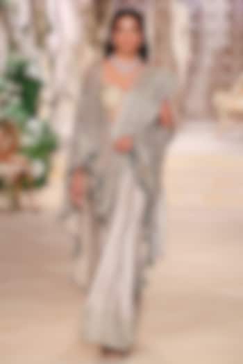 Beige Woven Silk Zardosi Hand Embroidered Jacket Bridal Saree Set by Jayanti Reddy at Pernia's Pop Up Shop