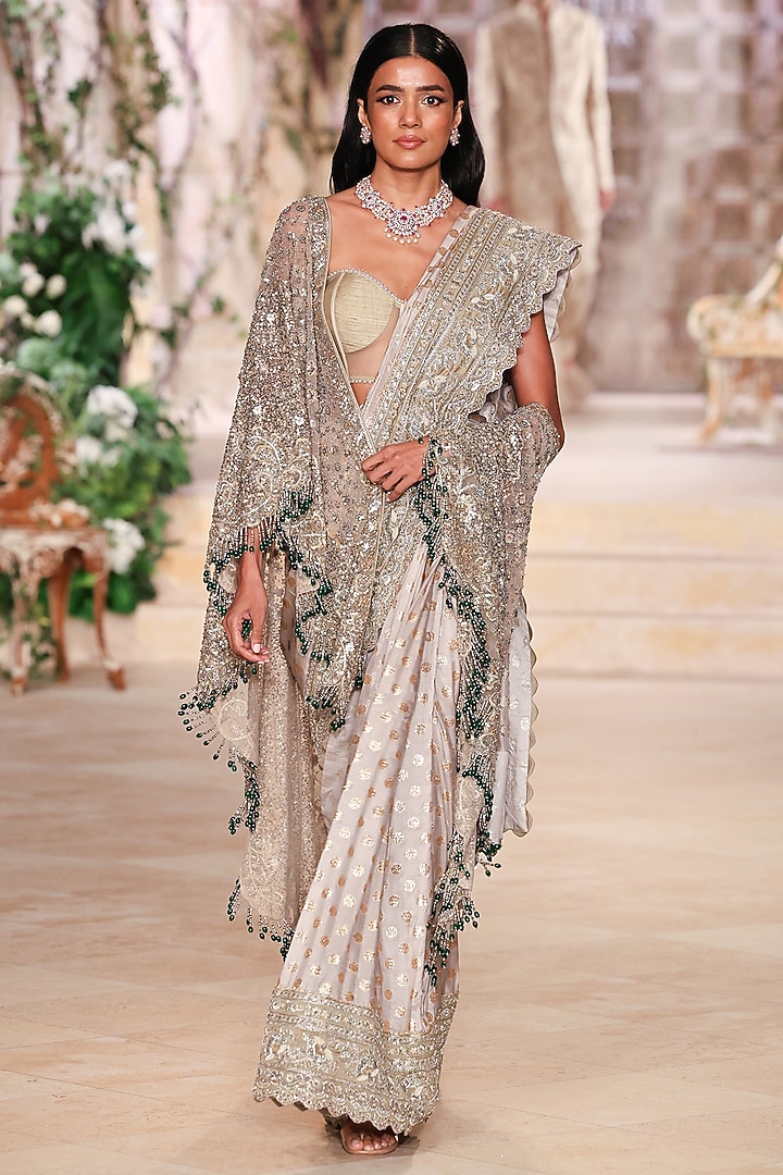Beige Woven Silk Zardosi Hand Embroidered Jacket Bridal Saree Set by Jayanti Reddy at Pernia's Pop Up Shop