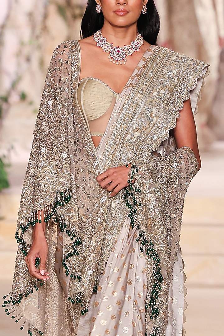 Beige Woven Silk Zardosi Hand Embroidered Jacket Bridal Saree Set by Jayanti Reddy at Pernia's Pop Up Shop